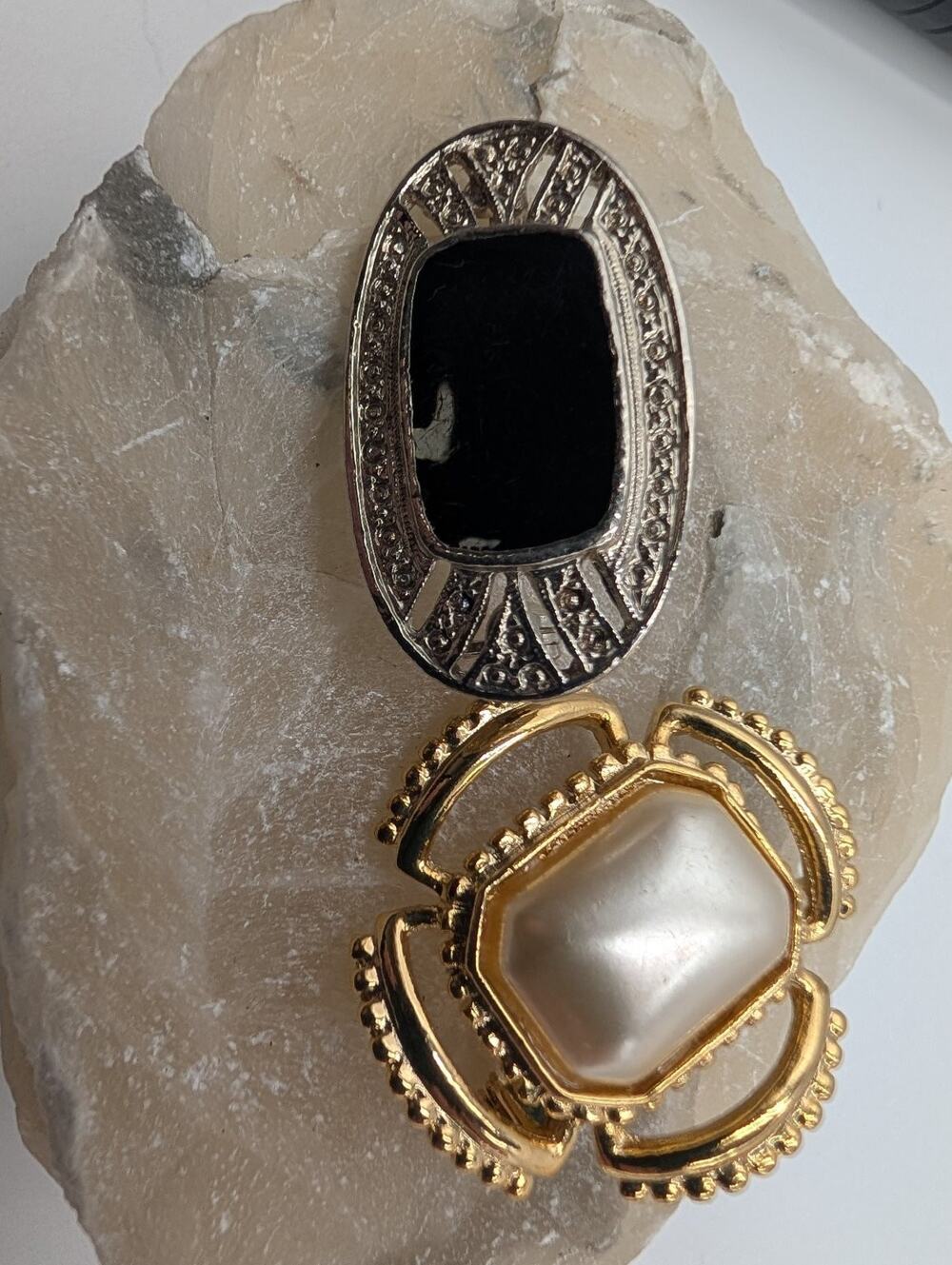 Vintage Style Brooch Pin Lot Gold Tone Faux Pearl & Silver Tone Black Enamel